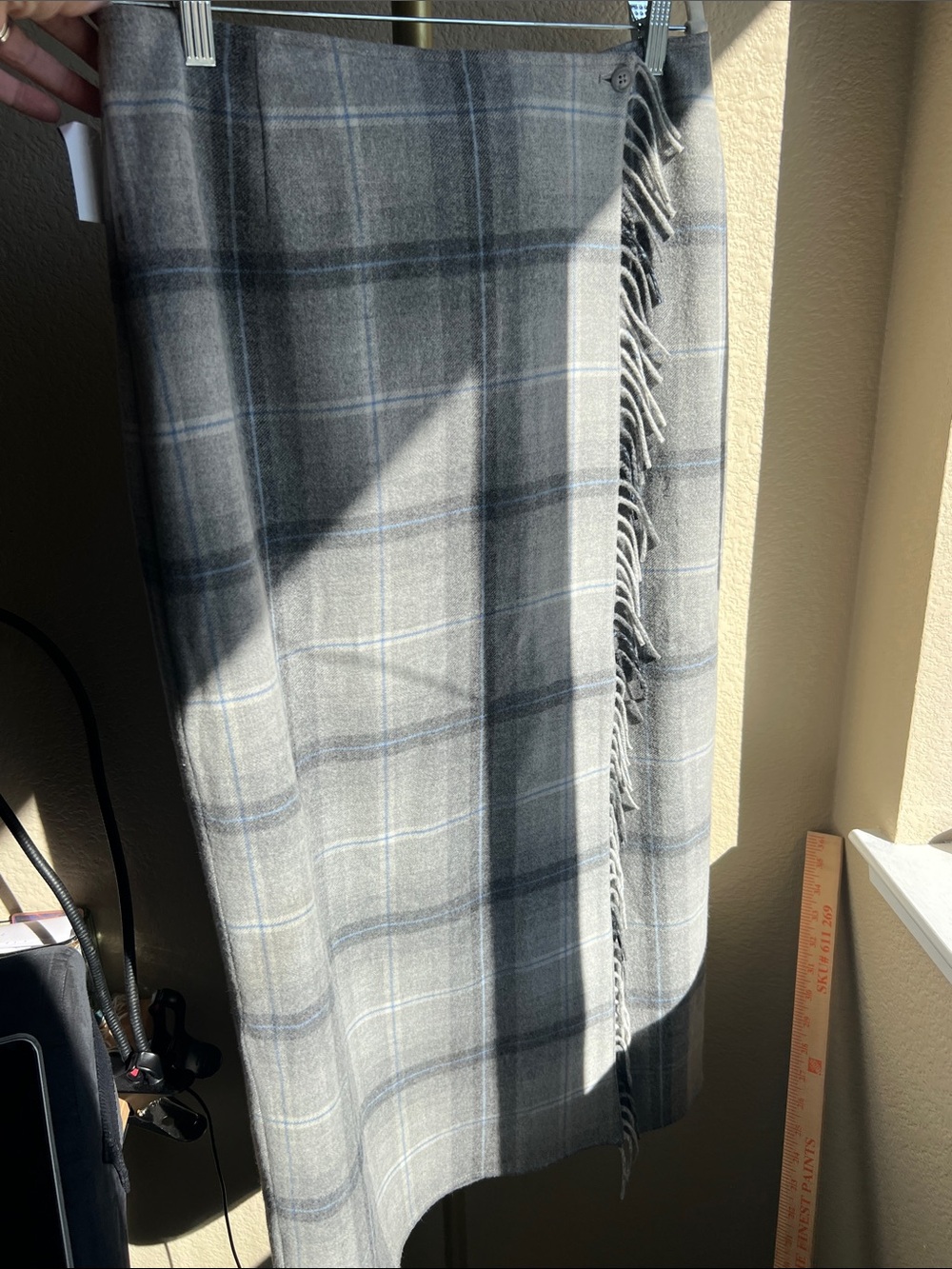 Liz Claiborne Gray Wool Lined Plaid Maxi Wrap Skirt with Fringe